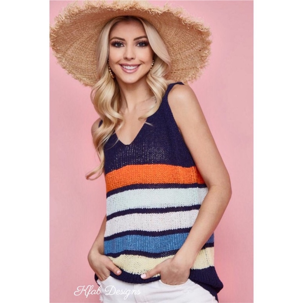 NEW V Neck Multi Stripe Soft Light Sweater Top Size Small